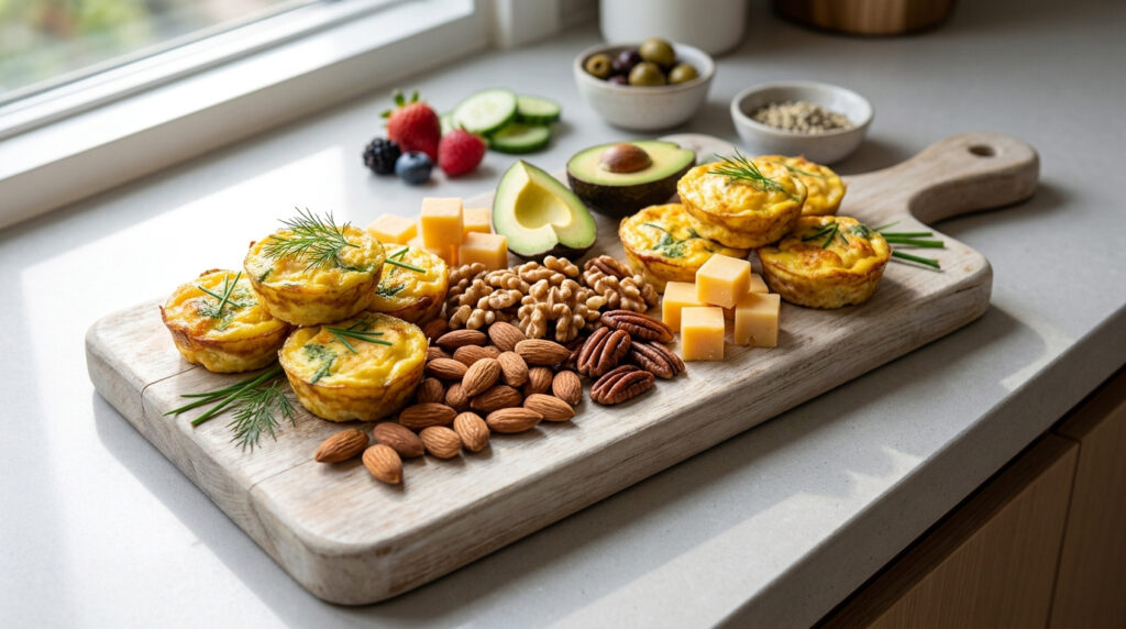 Planche en bois avec mini-quiches aux œufs, mélange de noix, dés de fromage, avocat, baies et concombre. Idéal kéto.