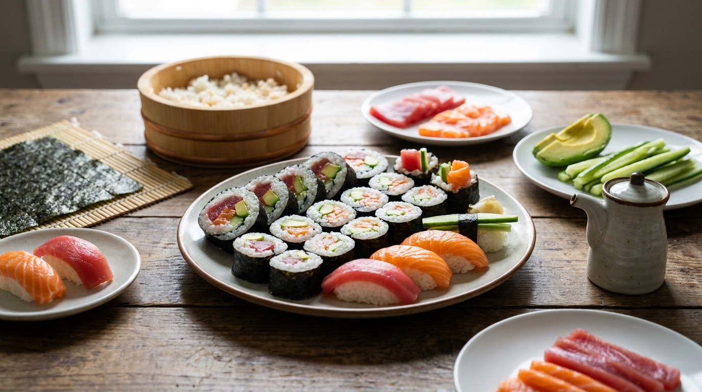 Table avec ingrédients pour sushis maison : riz, makis, nigiris saumon/thon, nori, poisson cru, avocat, concombre, sauce.
