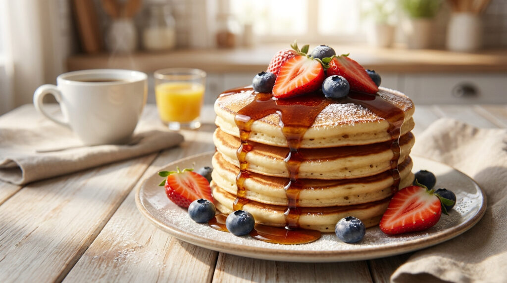 Pile de pancakes moelleux nappés de sirop, garnie de fraises et myrtilles, avec café et jus d'orange en fond.