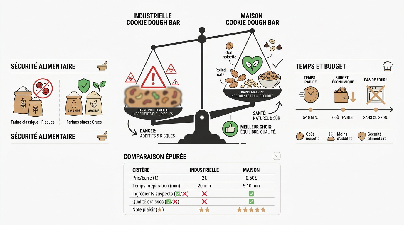 Comparaison entre une barre cookie dough industrielle et une version maison saine à la farine d'amande