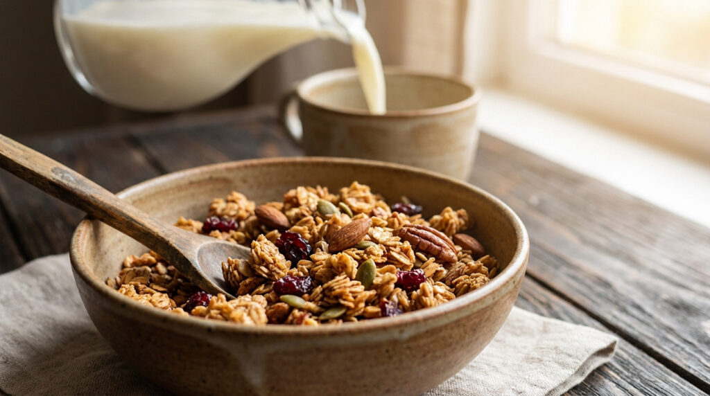 Bol de granola maison riche en fruits secs et graines, avec une cuillère en bois. Du lait est versé dans une tasse, près d'une fenêtre ensoleillée.