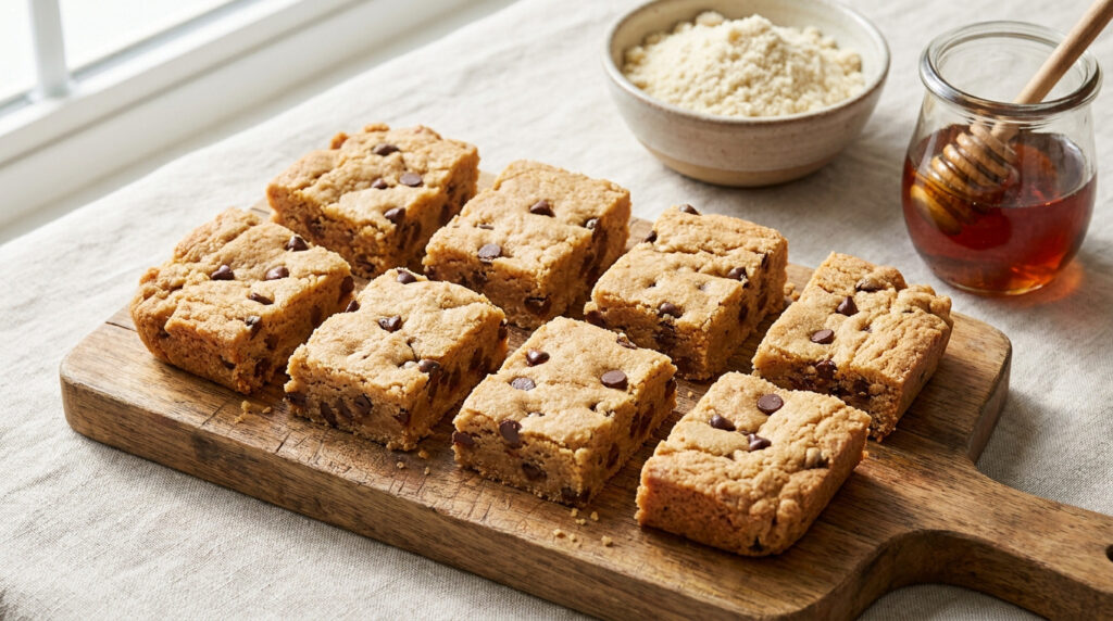 Neuf barres de pâte à biscuits sans cuisson aux pépites de chocolat sur une planche en bois, avec de la farine d'amande et du miel.