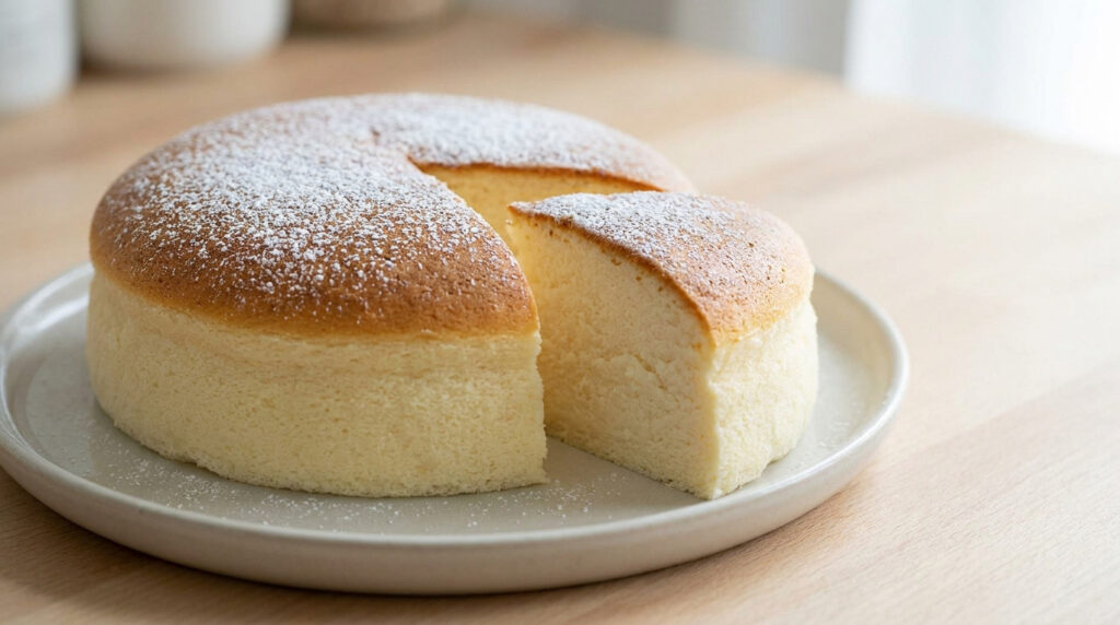 Cheesecake japonais aérien et moelleux sur une assiette, une part coupée révélant sa texture légère, saupoudré de sucre glace.