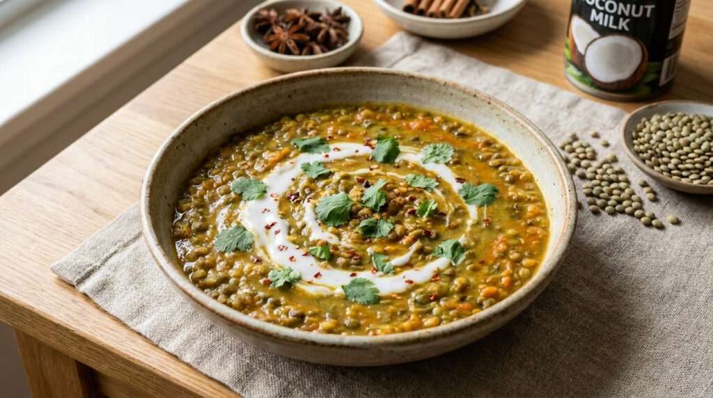 Un bol de dahl crémeux de lentilles vertes garni de coriandre fraîche, lait de coco et flocons de piment, sur une table en bois.