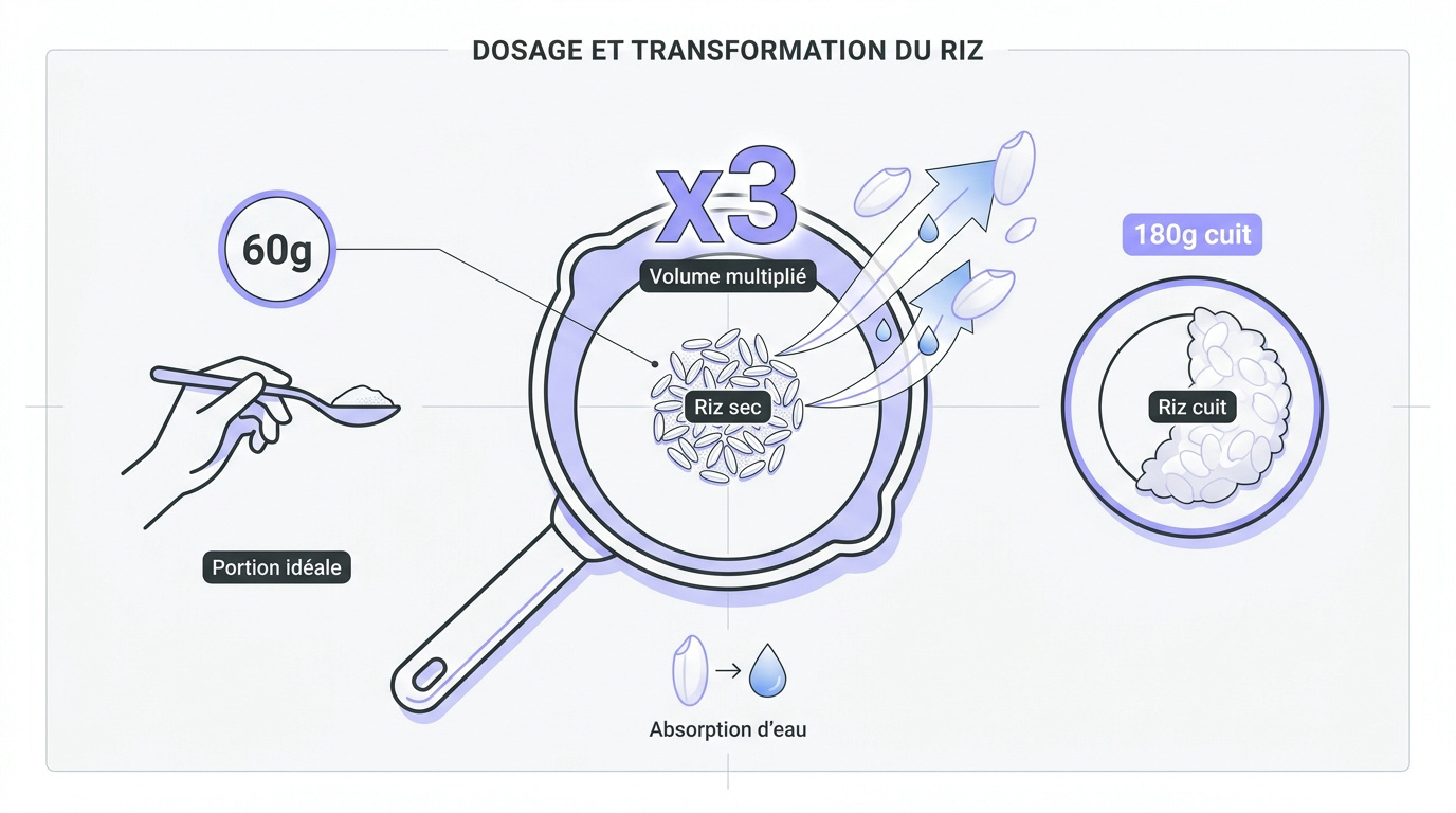 Dosage du riz sec et sa transformation volumineuse après cuisson