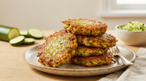 Assiette de galettes de courgette dorées et croustillantes, avec courgette fraîche et râpée en arrière-plan, sur table en bois.