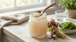 Pot de gel de sea moss transparent avec une cuillère en bois, entouré d'algues de mer rouges et vertes et un verre d'eau.