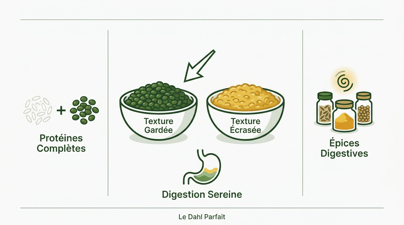 Infographie expliquant les bénéfices nutritionnels et la texture du dahl de lentilles vertes