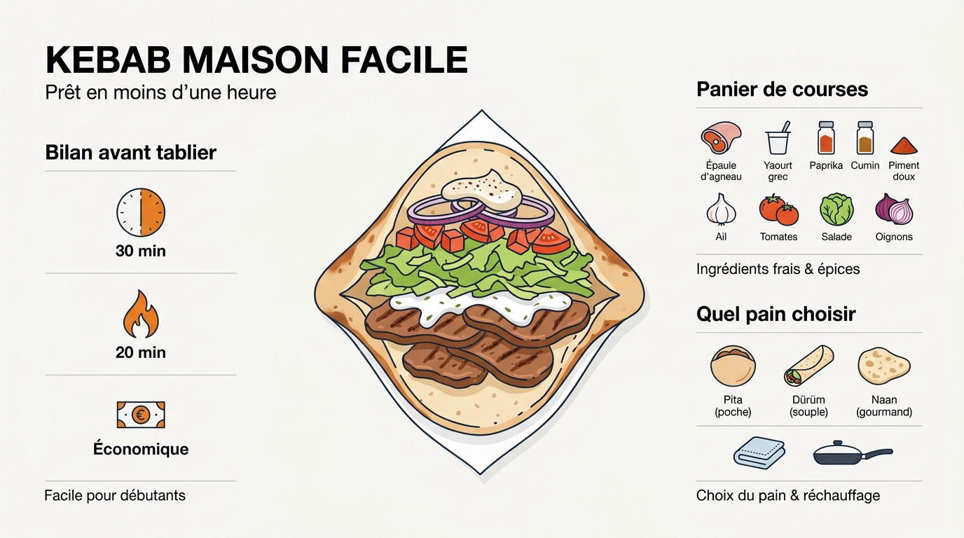 Kebab maison généreux avec viande grillée, crudités et sauce blanche dans un pain pita
