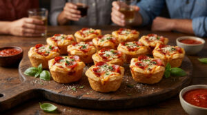 Une planche en bois débordant de pizza cupcakes individuels au pepperoni, fromage fondu et basilic. Des verres à la main en arrière-plan.