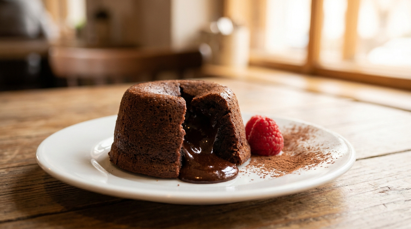 Un moelleux au chocolat coupé en deux révélant un cœur coulant, servi sur une assiette blanche avec une framboise.