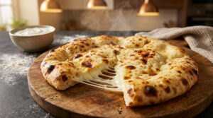 Un cheese naan chaud et fumant posé sur une planche en bois, avec du fromage fondant qui s'étire. Un bol de sauce en arrière-plan.