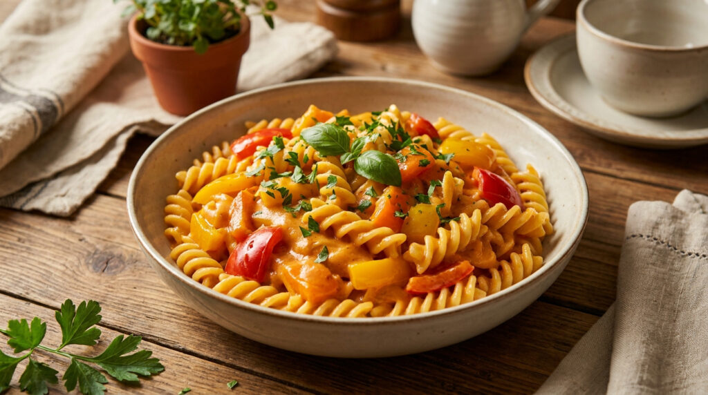 Bol de pâtes fusilli crémeuses aux poivrons rouges et jaunes, garni de persil et basilic, sur une table en bois.