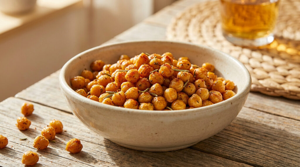 Bol de pois chiches grillés et assaisonnés de romarin et paprika, sur une table en bois rustique avec des pois chiches éparpillés. Boisson en arrière-plan.