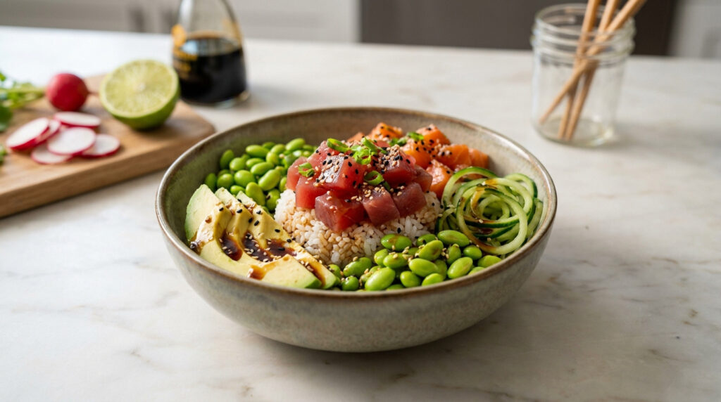 Un poké bowl coloré avec riz, thon, saumon, avocat, edamames et concombres sur une table en marbre clair, avec des radis et un citron vert en arrière-plan.