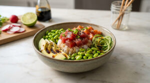 Un poké bowl coloré avec riz, thon, saumon, avocat, edamames et concombres sur une table en marbre clair, avec des radis et un citron vert en arrière-plan.