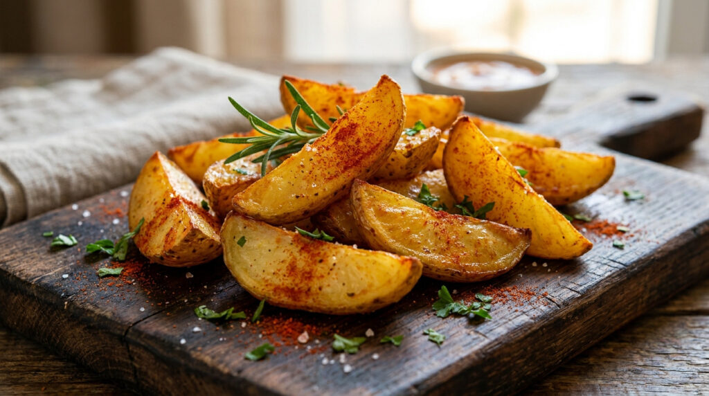 Quartiers de pommes de terre dorés et croustillants, assaisonnés de paprika, sel, romarin et persil, sur une planche en bois.