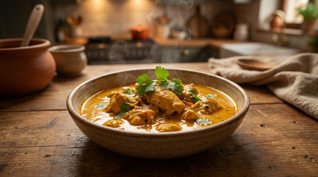 Bol de poulet curry coco fumant sur table en bois rustique. Le plat est garni de coriandre fraîche, avec cuisine en fond.