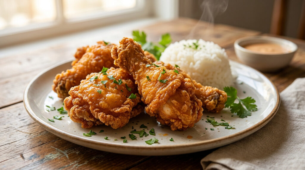 Assiette de poulet frit doré et croustillant avec du riz blanc fumant et une sauce, parsemée de persil sur une table en bois.
