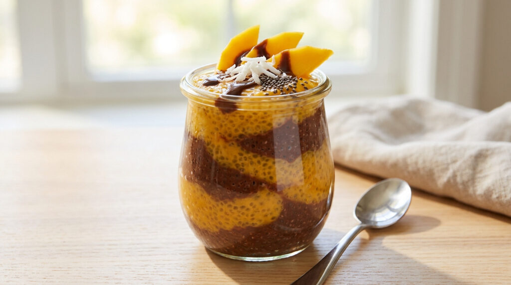 Pudding de chia mangue et chocolat en couches dans un verre, garni de mangue fraîche, noix de coco râpée et graines de chia, sur table en bois.
