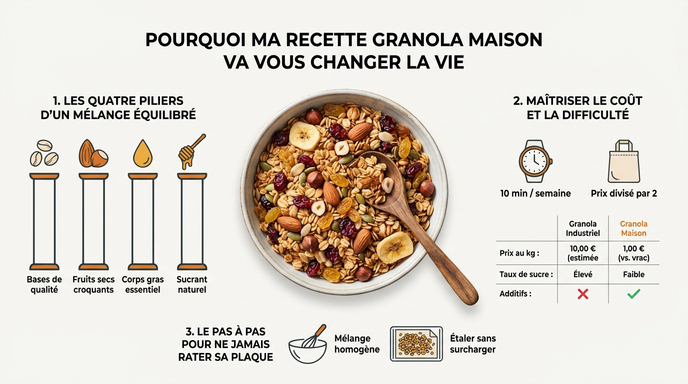 Granola maison croustillant aux pépites de chocolat et amandes sur une plaque de cuisson