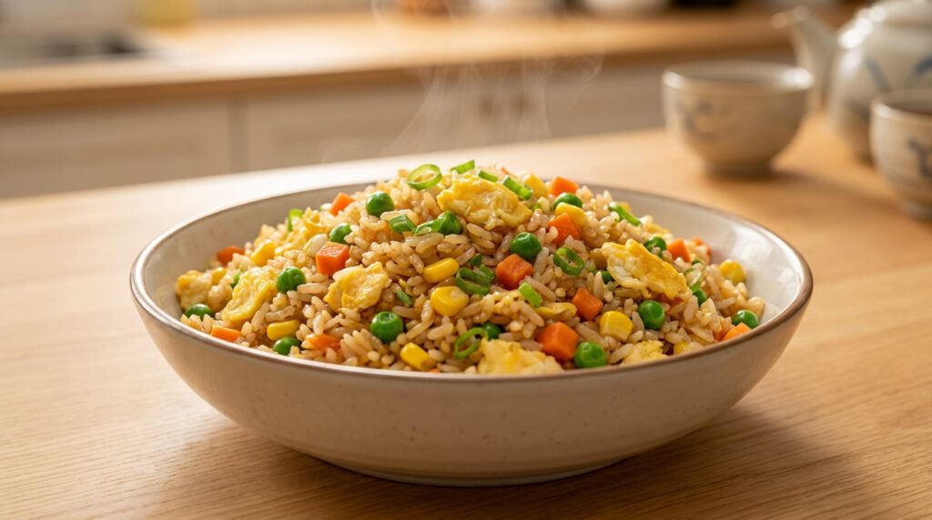 Un grand bol de riz cantonais fumant, garni de petits pois, maïs, carottes, morceaux d'œuf et oignons verts frais.