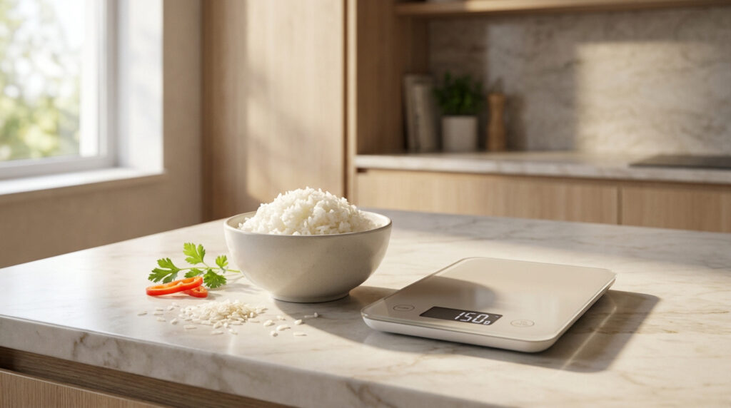 Bol de riz cuit et balance de cuisine affichant 150g sur un comptoir en marbre. Persil et piment frais à côté.