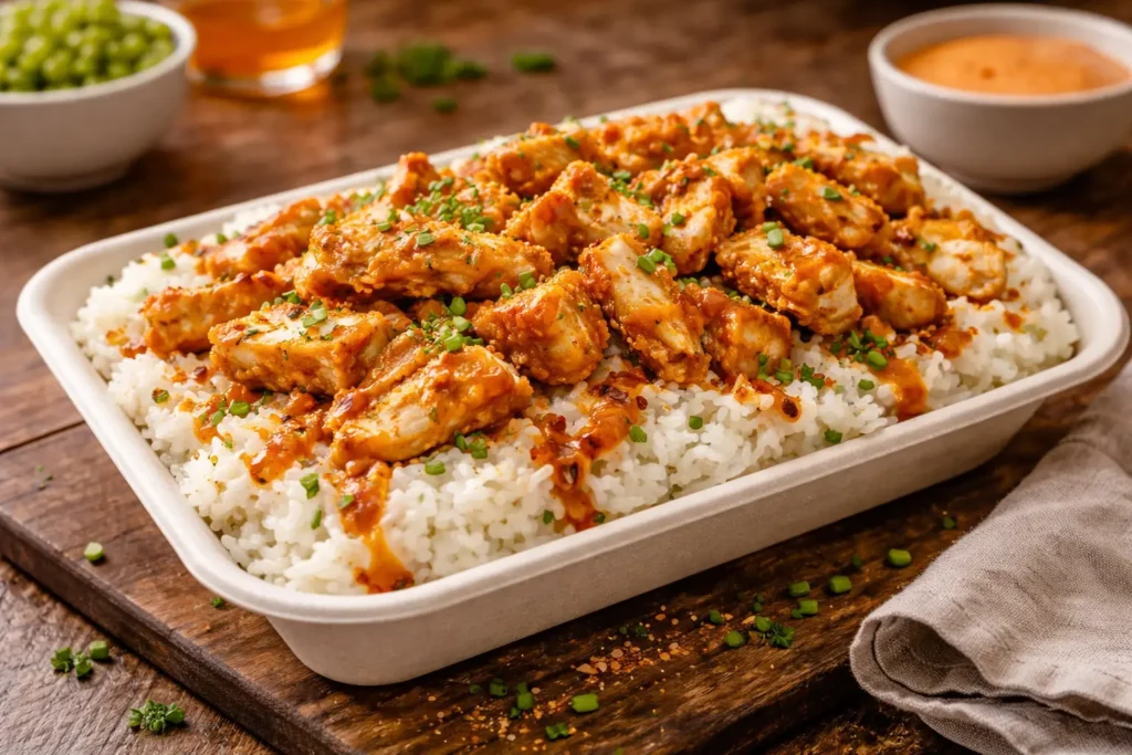 Assiette de riz et de poulet croustillant