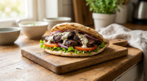 Image d'un délicieux kebab maison, garni de viande grillée, légumes frais et sauce, posé sur une planche en bois près d'une fenêtre.