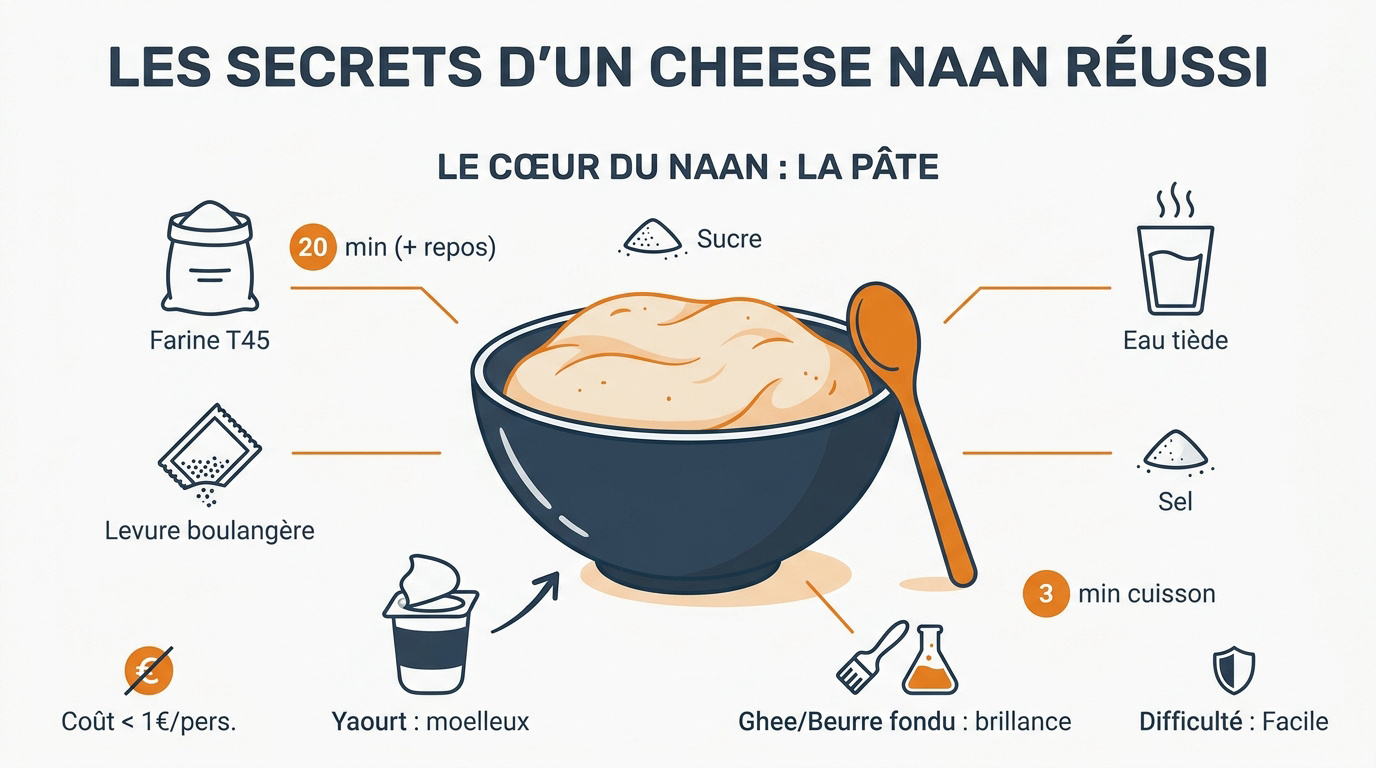 Cheese naan doré et fondant garni de fromage