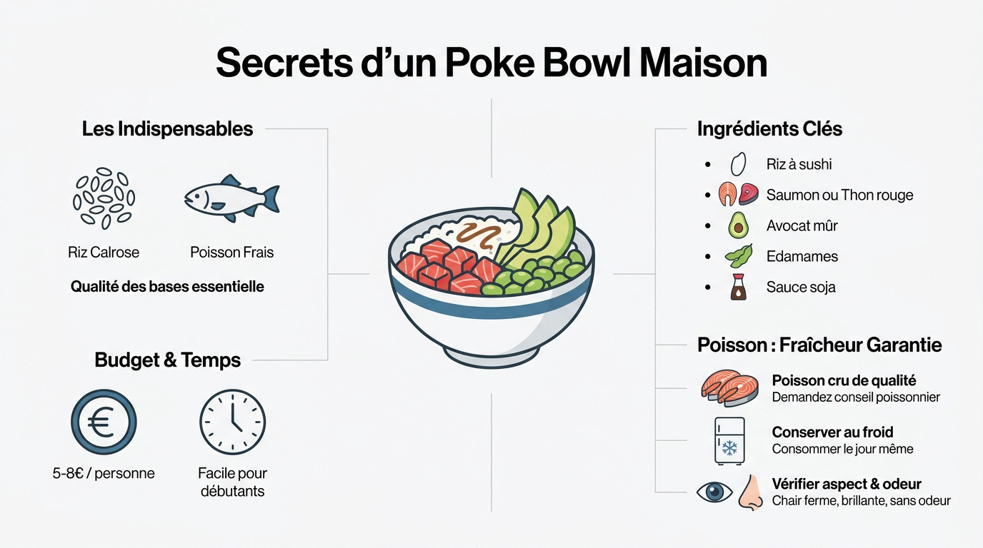 Infographie des secrets pour réussir un poke bowl maison avec ingrédients frais