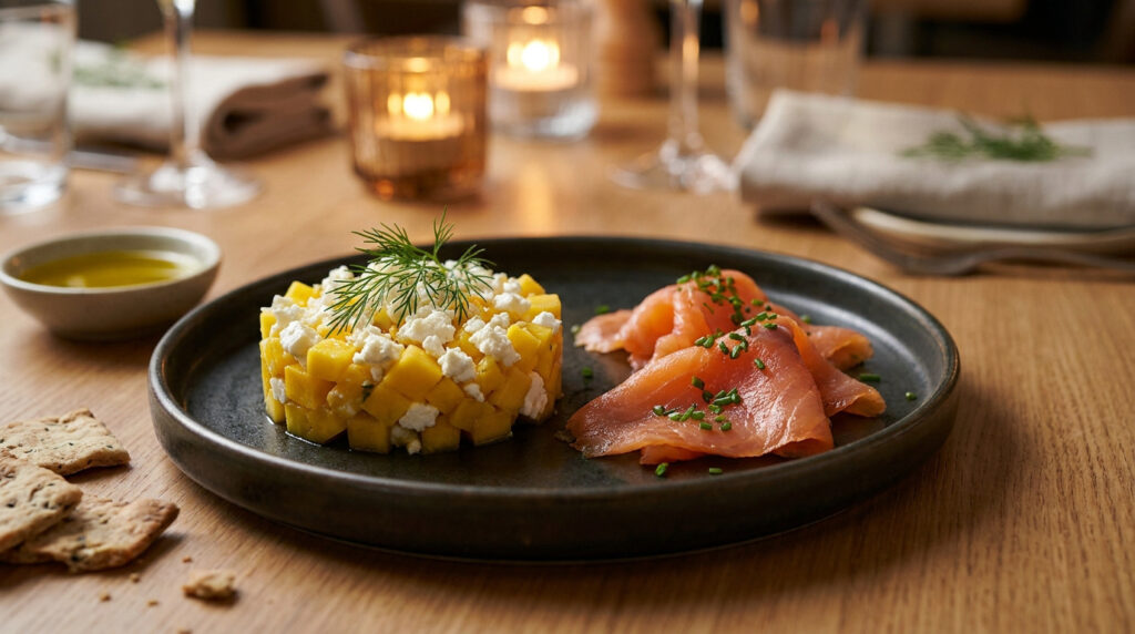 Assiette d'entrée avec un tartare de mangue et feta, du saumon fumé, de l'aneth et de la ciboulette, sur une table de restaurant.