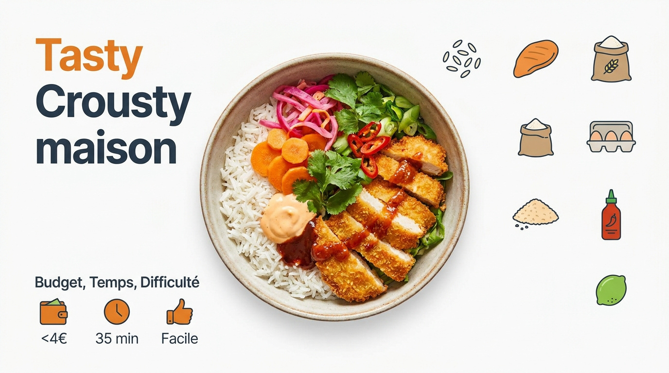 Bol de <strong>tasty crousty maison</strong> avec poulet croustillant et riz