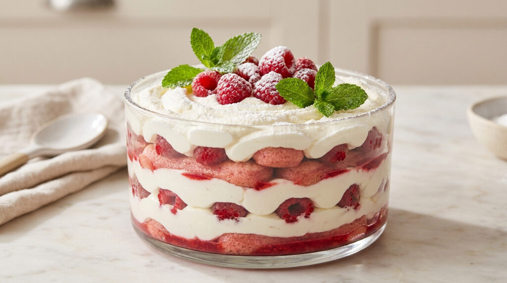 Un grand tiramisu aux framboises en couches dans un plat en verre, garni de framboises fraîches, menthe et sucre glace.