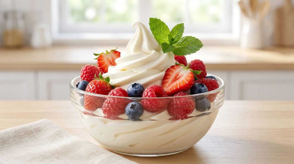 Bol de yaourt glacé blanc, garni de framboises, myrtilles, fraises coupées et feuilles de menthe, sur une table en bois.