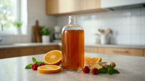 Bouteille de kombucha ambré sur un comptoir de cuisine, entourée de tranches d'orange, framboises, gingembre et menthe.