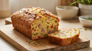 Un cake salé entier doré avec une tranche coupée, révélant jambon, olives vertes, poivron rouge et ciboulette sur planche en bois.