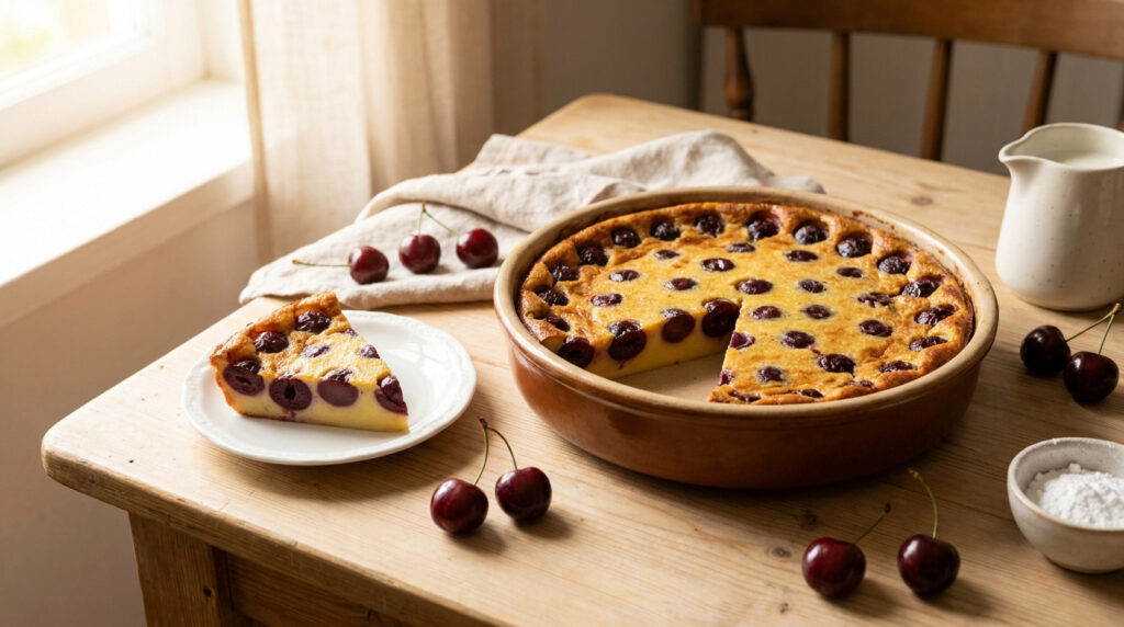 Clafoutis aux cerises entier et une part sur assiette, entourés de cerises fraîches, sucre glace et pot à lait sur table en bois.