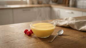 Crème anglaise chaude dans un bol en verre, framboises fraîches et cuillère sur bois rustique, cuisine en arrière-plan.