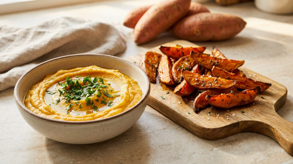 Bol de purée de patates douces à l'huile d'olive et persil, et frites de patates douces rôties sur planche en bois, avec patates crues.