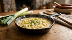 Plat de fondue de poireaux crémeuse dans une poêle en fonte noire, garnie de ciboulette, avec des poireaux frais à côté.