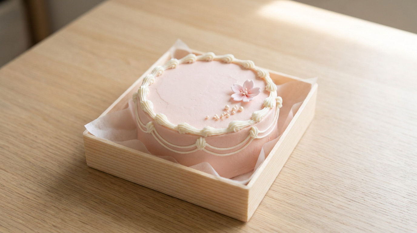 Mini gâteau bento rond rose pâle, décoré de crème blanche et d'une fleur de cerisier rose, dans une boîte en bois clair.