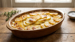 Plat ovale de gratin dauphinois fumant, avec des pommes de terre dorées, sur une table en bois rustique avec thym et sel.