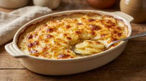 Gratin dauphinois fumant dans un plat ovale, doré et croustillant. Une cuillère en prélève une portion, révélant les couches de pommes de terre crémeuses.