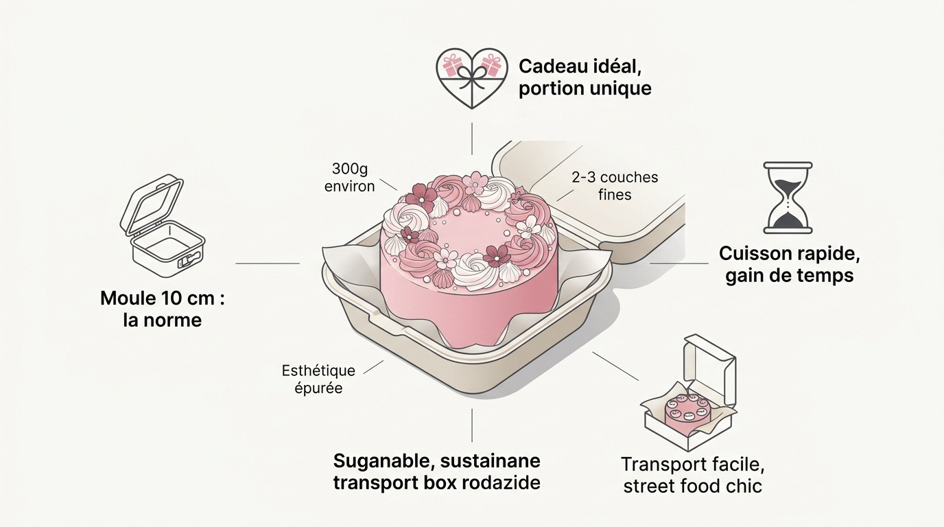 Infographie présentant les caractéristiques pratiques et l'esthétique chic du bento cake