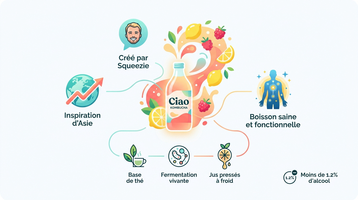 Infographie présentant la genèse de Ciao Kombucha par Squeezie et ses origines asiatiques