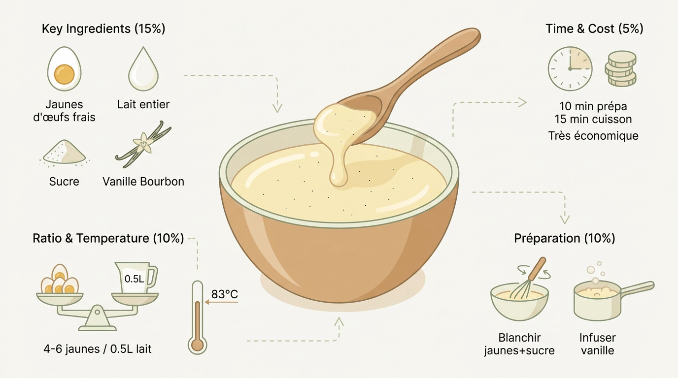 Infographie des ingrédients et étapes de préparation de la crème anglaise