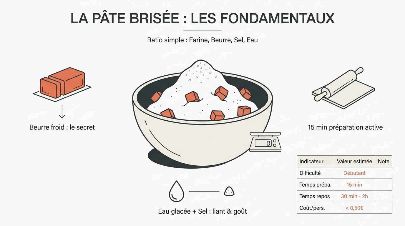 Infographie des proportions et étapes clés pour réussir une pâte brisée maison
