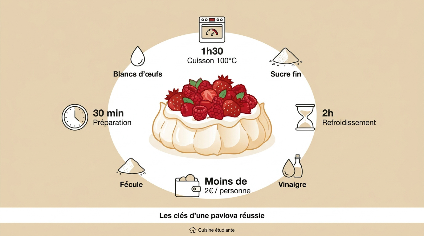 Infographie récapitulative du temps de préparation, du coût et des ingrédients pour une pavlova réussie