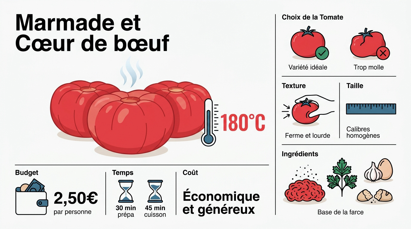 Infographie présentant les variétés de tomates Marmande et Cœur de bœuf idéales pour les tomates farcies